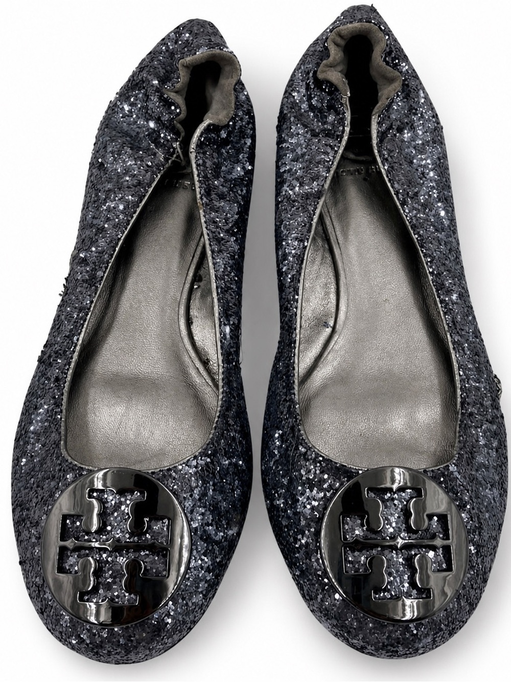 Tory Burch Reva Ballet Flats Women 7.5M Black Silver Glitter Good Gunmetal Logo